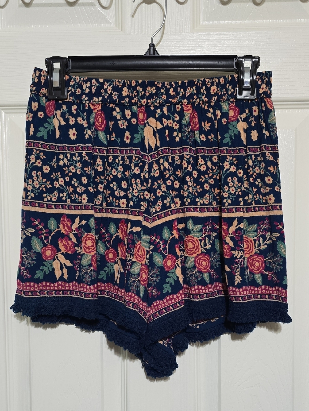 Navy Floral Fringe Hem Women's Shorts